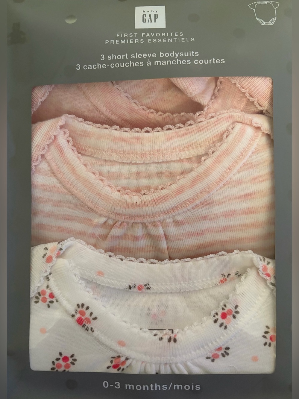 GAP-Baby First Favourite 3pk 100% cotton Short Sleeve Bodysuits-size 0-3mth/pink